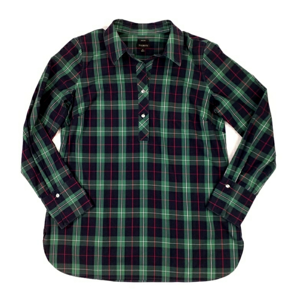 Talbots Blue Green Tartan Plaid Long Sleeve Popover Tunic Blouse Womens 6 - Picture 9 of 13